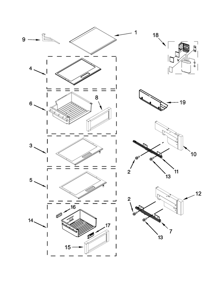Refrigerator Shelf Parts Diagram and Parts List for JS42NXFXDE00  Jenn-Air Refrigerator