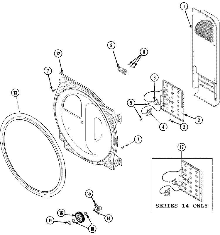 REAR BLKHD, AIR DUCT, ROLLER&HTR (ELE) Diagram and Parts List for CDE9500W  Crosley Dryer
