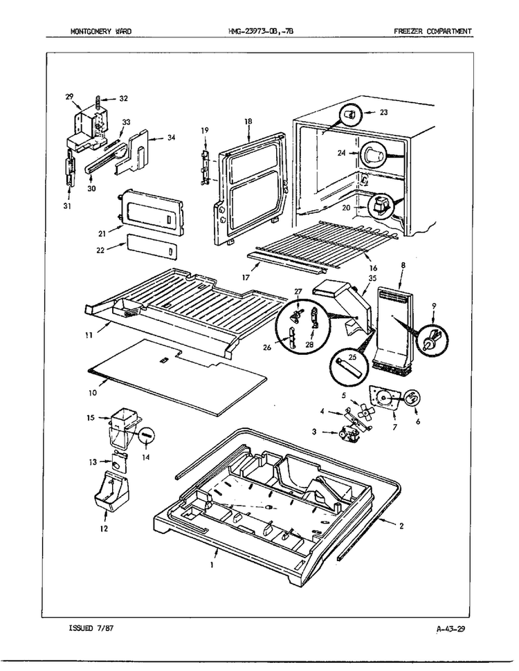 Freezer Compartment Diagram and Parts List for 23973A  Admiral Refrigerator
