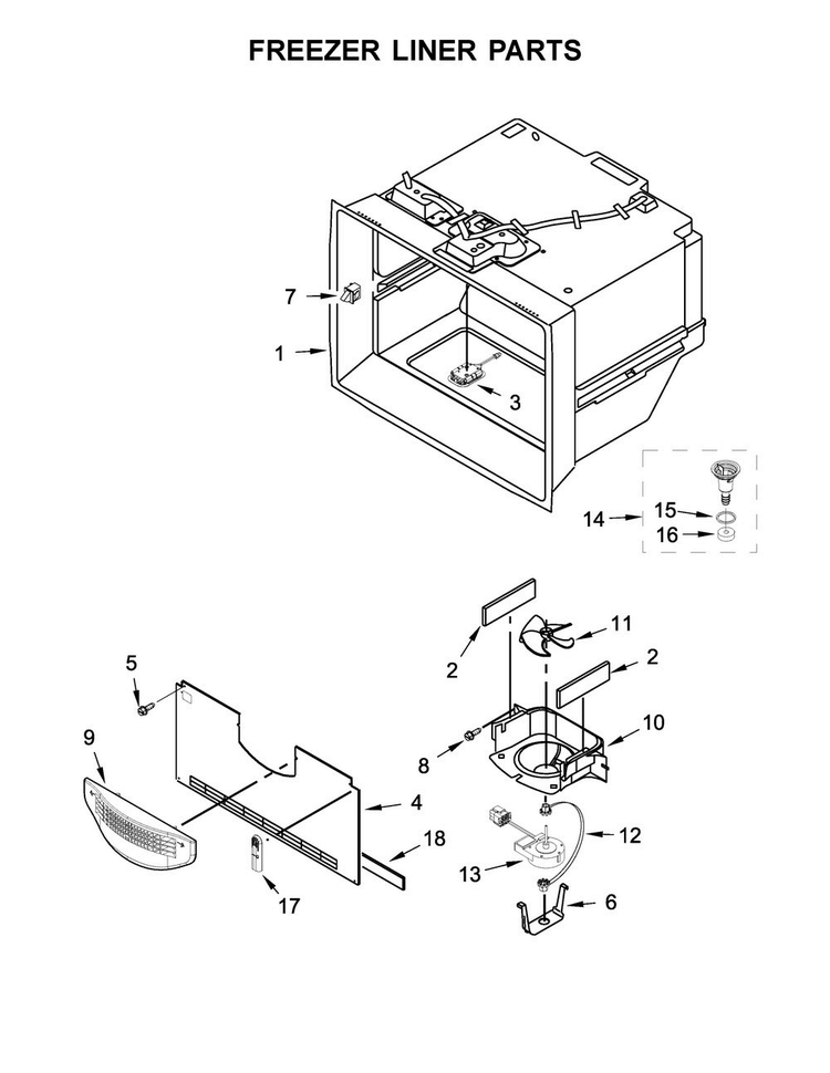 Freezer Liner Parts Diagram and Parts List for MFX2876DRE00  Maytag Refrigerator