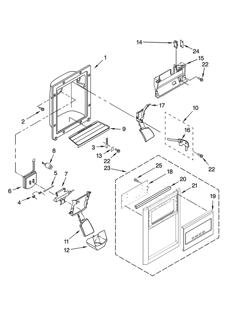 Dispenser Front Parts Diagram and Parts List for MSD2554VEA01  Maytag Refrigerator