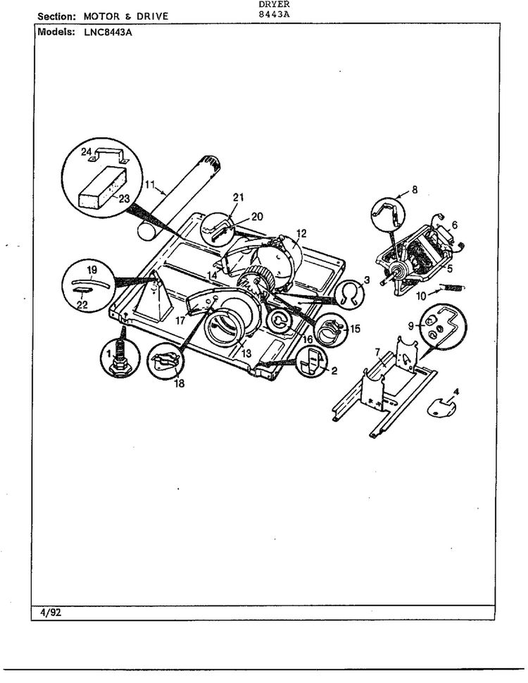 Motor And Drive Diagram and Parts List for 8443A  Norge Dryer