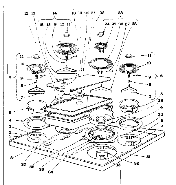Cook Top Section Diagram and Parts List for 101937591  Kenmore Range