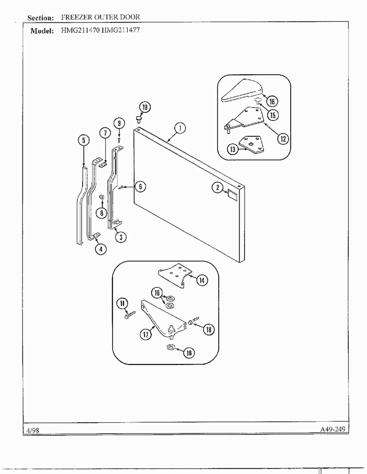 Freezer Outer Door Diagram and Parts List for HMG211470  Admiral Refrigerator