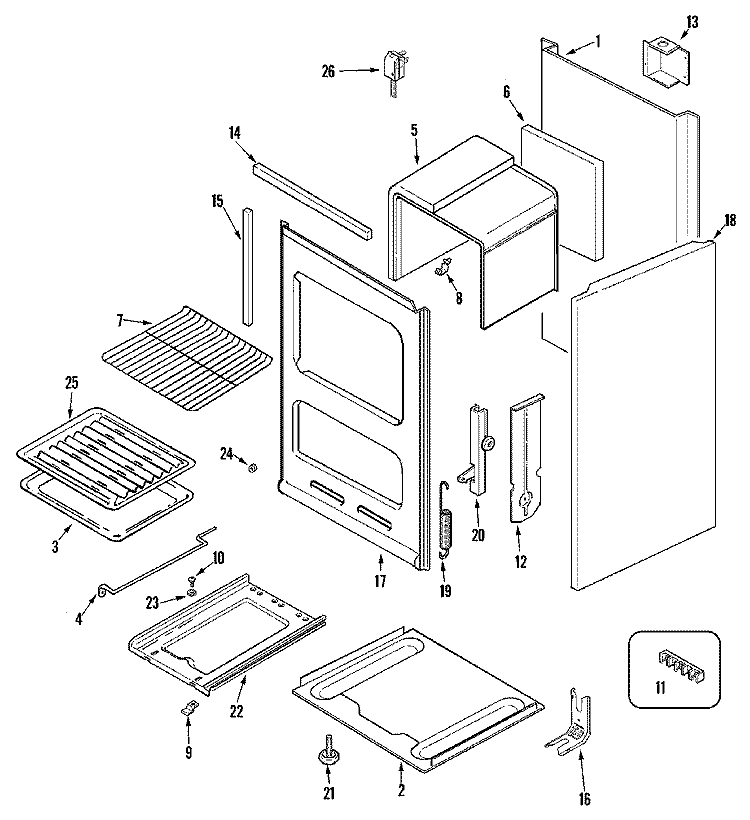 BODY / OVEN Diagram and Parts List for CLL1101ADW  Magic Chef Range