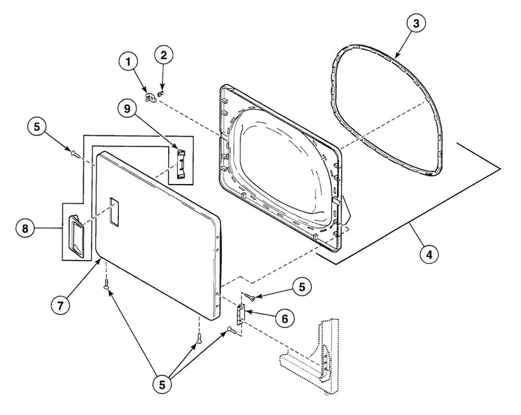 Door Assy Diagram and Parts List for SDG109WF  Speed Queen Dryer