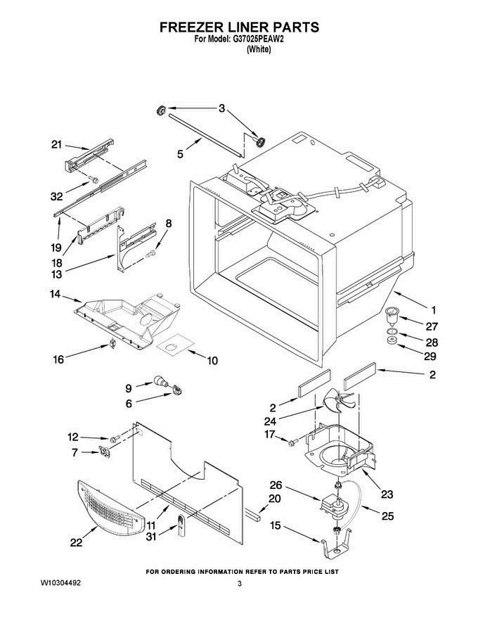 02 - Freezer Liner Parts Diagram and Parts List for G37025PEAW2  Maytag Refrigerator