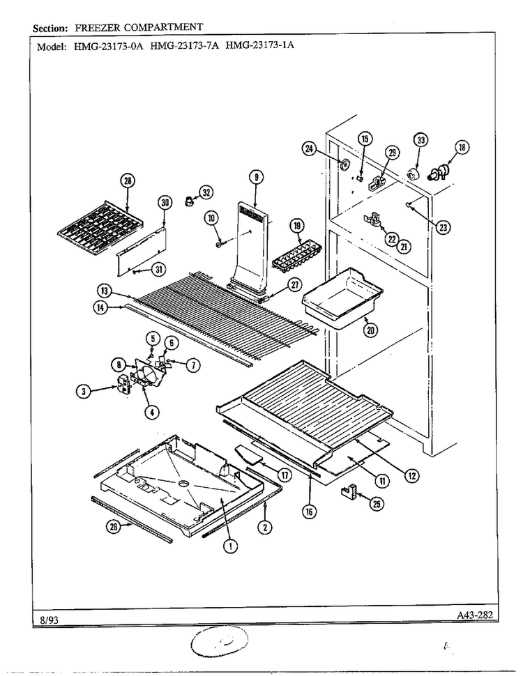 Freezer Compartment Diagram and Parts List for 23173-0A  Admiral Refrigerator
