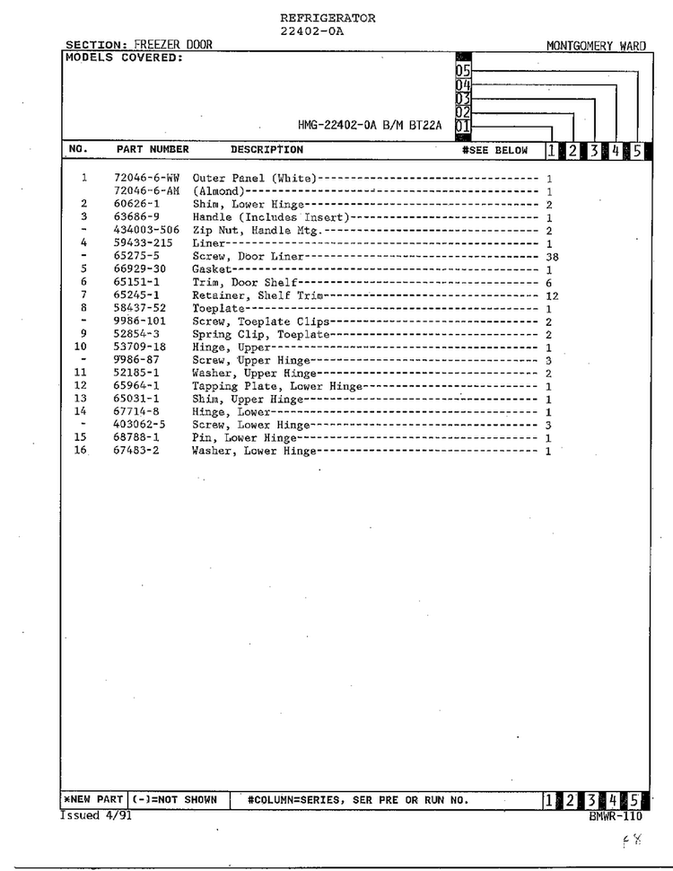 Freezer Door Page 2 Diagram and Parts List for 22402-0A  Admiral Refrigerator