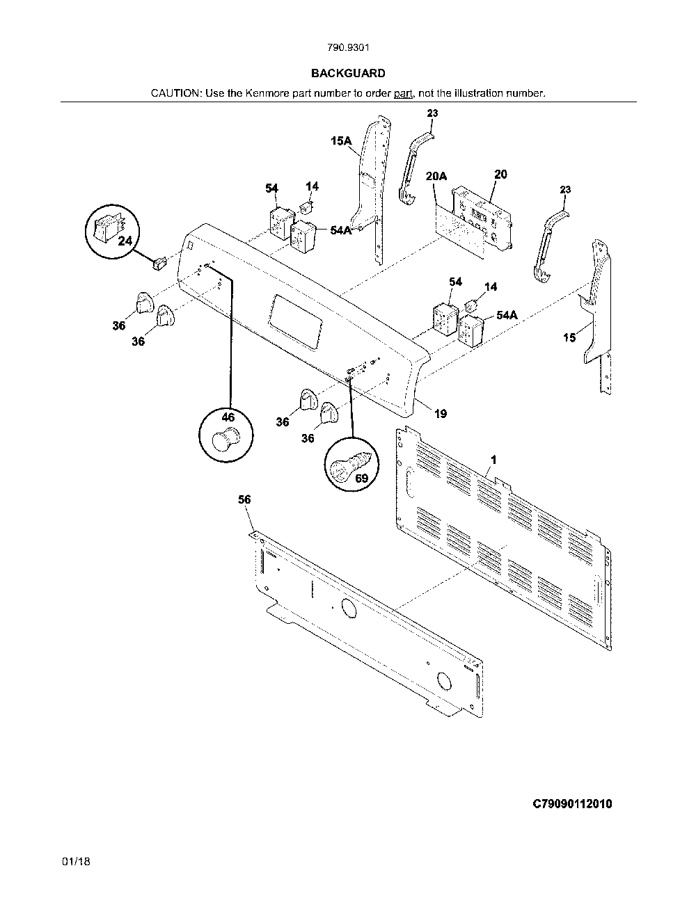 Backguard Diagram and Parts List for 79093012313  Kenmore Range