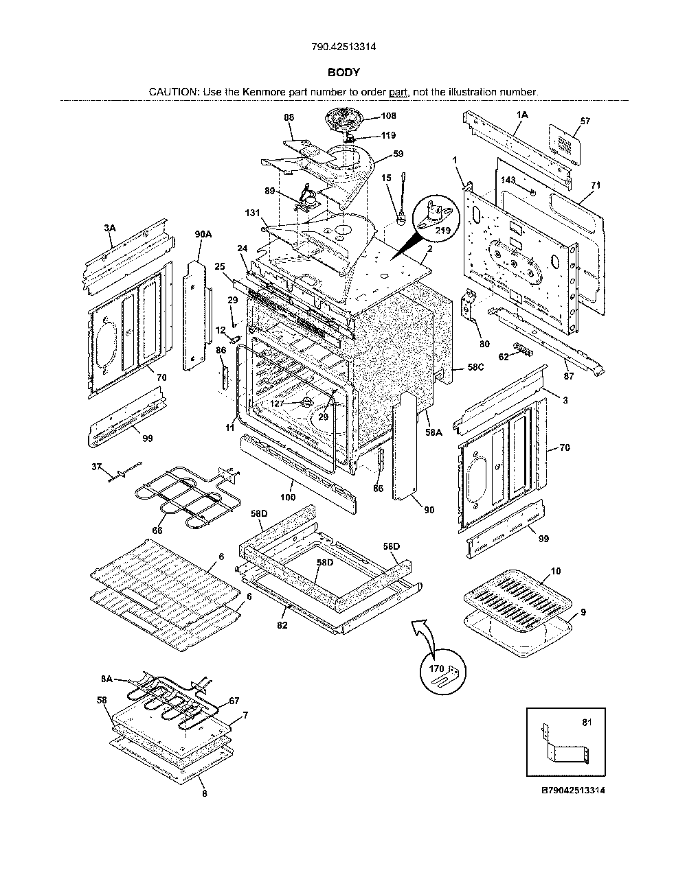 Body Diagram and Parts List for 79042513314  Kenmore Range