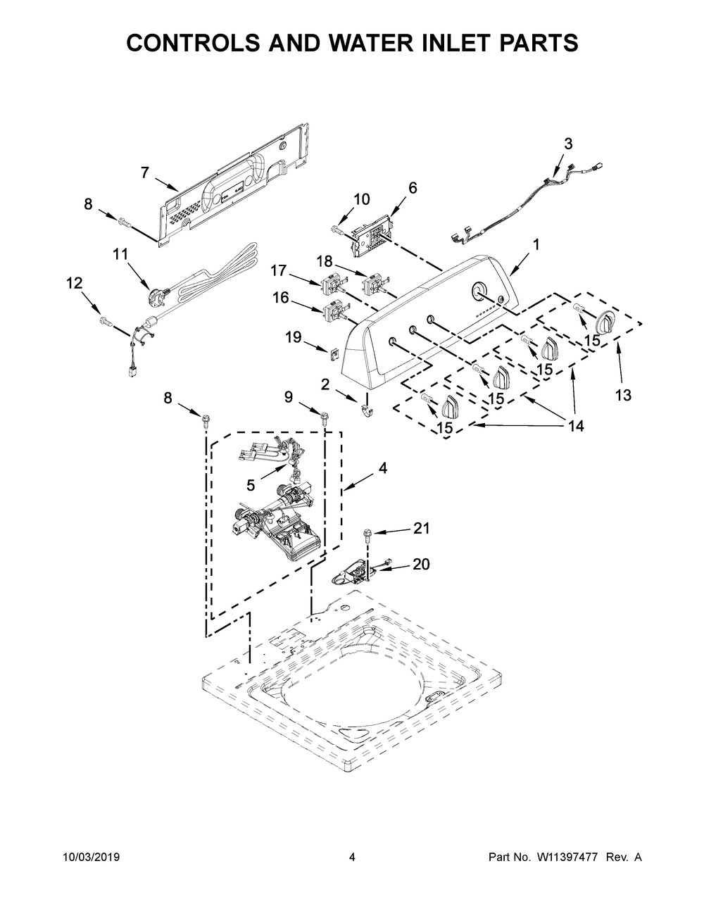 Controls And Water Inlet Parts Diagram and Parts List for 4KNTW3200JW0  Maytag Washer