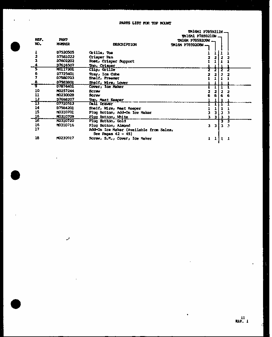 Interior Accessories (tm16m/p7859208w) (tm16m/p7859209w) (tm16m1/p7859210w) (tm16m1/p7859211w) Diagram and Parts List for TM18M-P7859213W  Amana Refrigerator