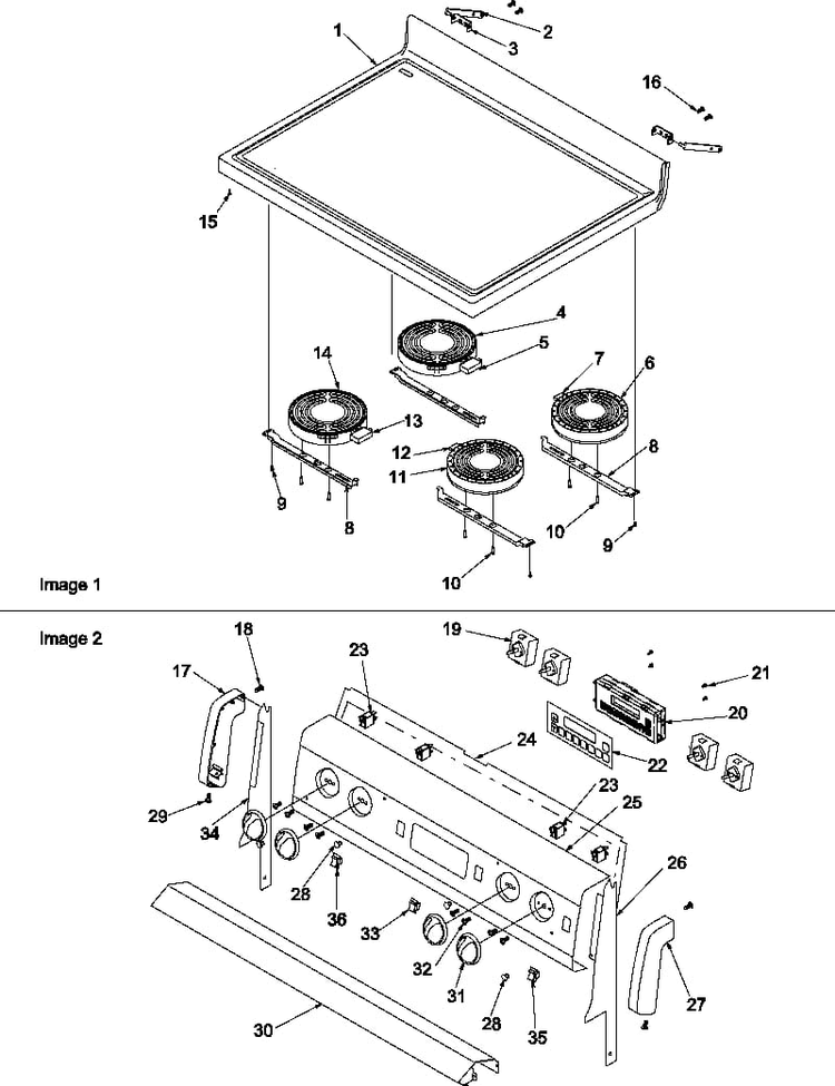 Main Top And Backguard Diagram and Parts List for ARTC7511E-P1143643NE  Amana Range