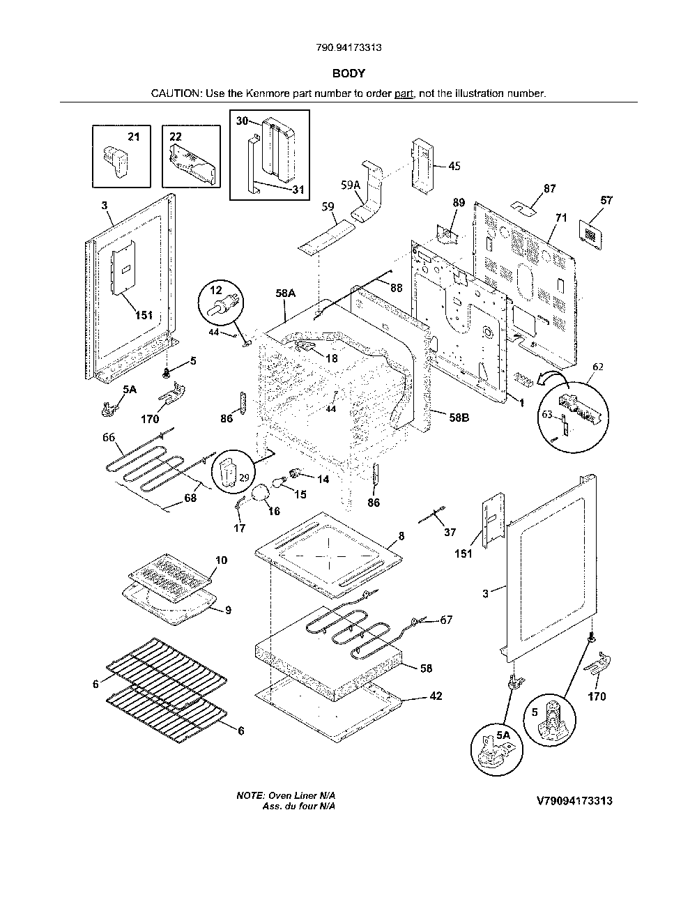 Body Diagram and Parts List for 79094173313  Kenmore Range