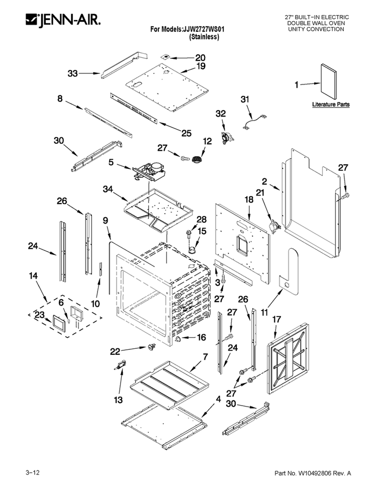 Upper Oven Parts Diagram and Parts List for JJW2727WS01  Jenn-Air Wall Oven
