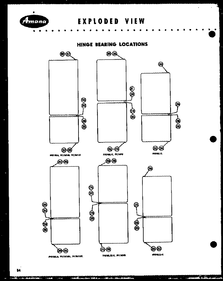 HINGE BEARING LOCATIONS Diagram and Parts List for FF105L  Amana Refrigerator