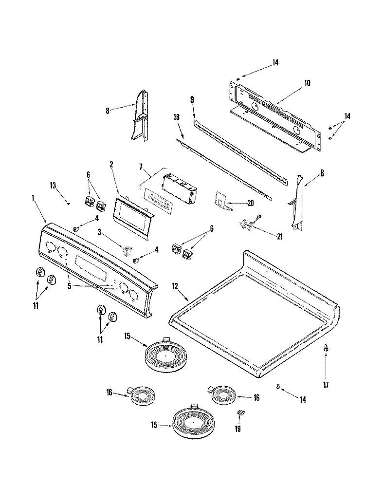 CONTROL PANEL / TOP ASSEMBLY Diagram and Parts List for CER3725AGW  Magic Chef Range