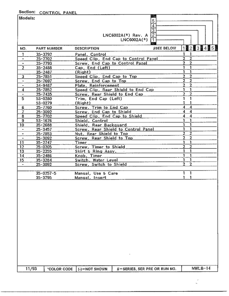 Control Page 2 Diagram and Parts List for 6002A REV A Norge Washer