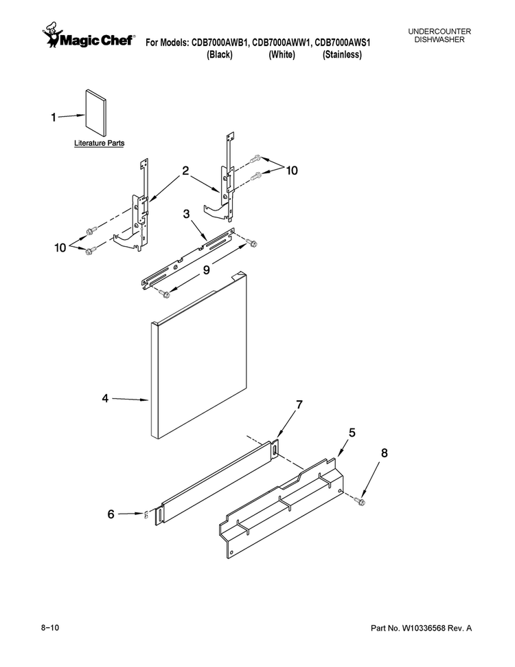 Door And Panel Parts Diagram and Parts List for CDB7000AWS1  Magic Chef Dishwasher