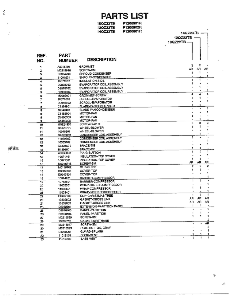 Evaporator,condenser,insulation And Air Page 2 Diagram and Parts List for P1200801R  Amana Air Conditioner