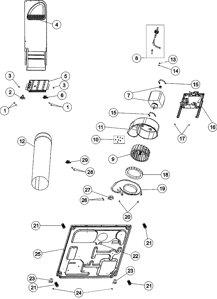 BASE, HEATER & MOTOR Diagram and Parts List for NDE8805AYW  Amana Dryer