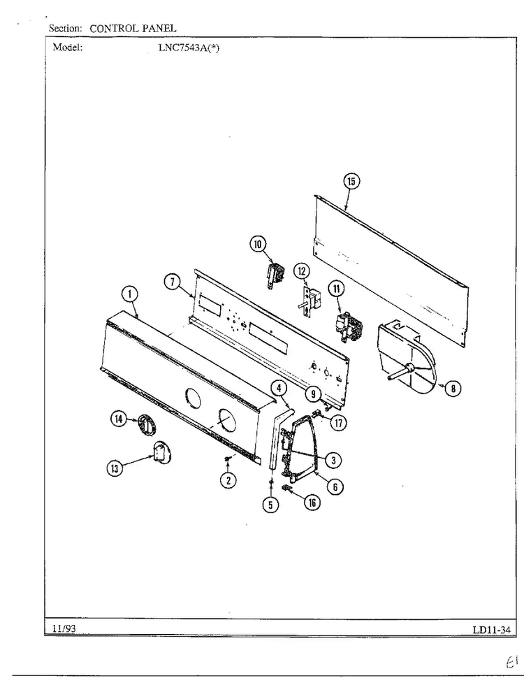Control Panel Diagram and Parts List for 7543A REV A Norge Dryer