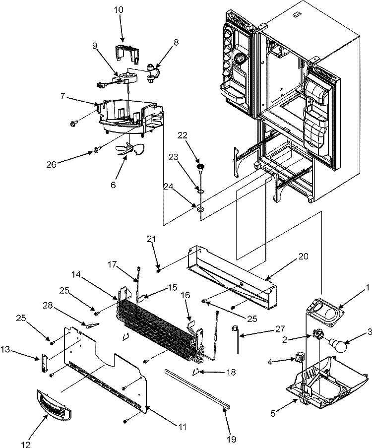 FRZ LIGHT / EVAPORATOR / EVAP FAN ASSY. Diagram and Parts List for MFI2067AEB  Maytag Refrigerator