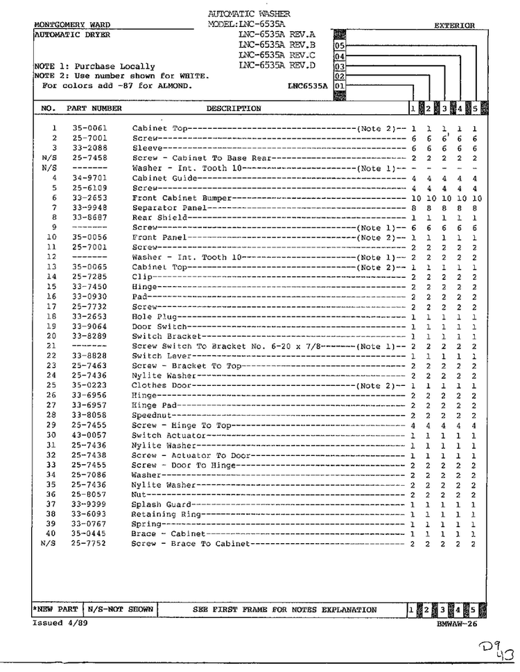 Exterior Page 2 Diagram and Parts List for 6535A REV C Norge Washer