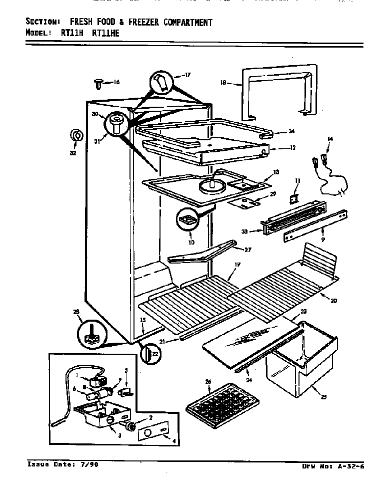 Fresh Food & Freezer Compartment Diagram and Parts List for RT11H E7T00 Magic Chef Refrigerator
