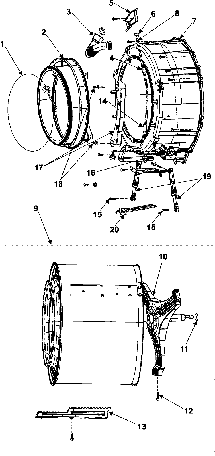 TUB FRONT Diagram and Parts List for WF316BAW  Maytag Washer