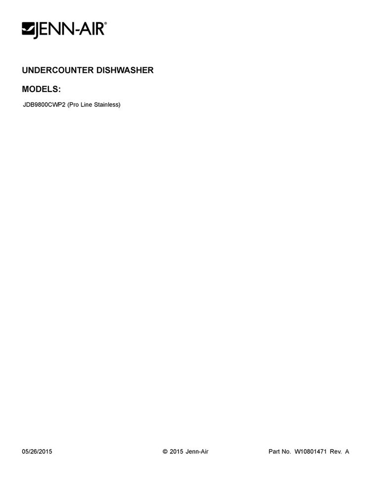 Cover Sheet Diagram and Parts List for JDB9800CWP2  Jenn-Air Dishwasher