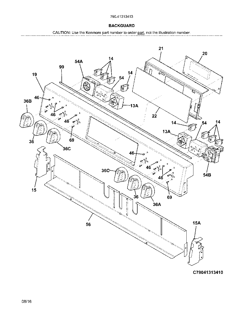 Backguard Diagram and Parts List for 79041313413  Kenmore Range