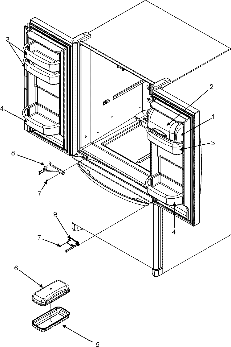 REF DR STORAGE & CENTER HINGES Diagram and Parts List for JFC2070KRB  Jenn-Air Refrigerator