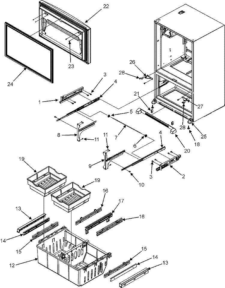 FRZ DOOR / DRAWER / TOE GRILLE / CTR HINGE Diagram and Parts List for AFI2538AEB  Amana Refrigerator
