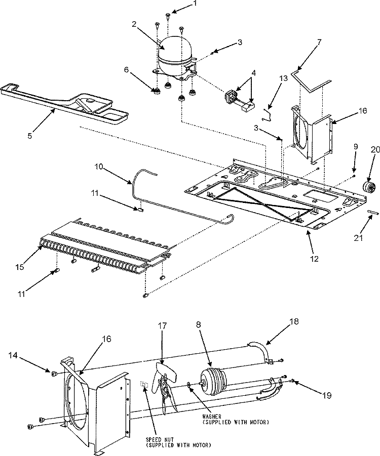COMPRESSOR / COND MOTOR / REAR ROLLERS Diagram and Parts List for CSD2610KRW  Magic Chef Refrigerator