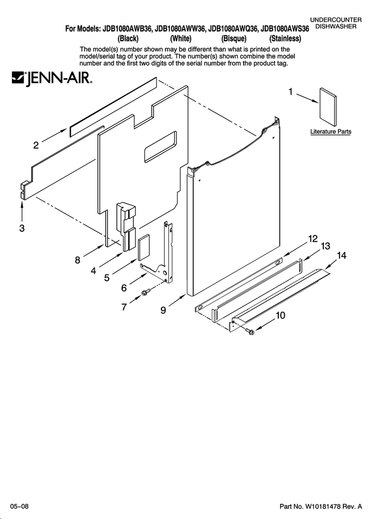 Door And Panel Parts Diagram and Parts List for JDB1080AWB36  Jenn-Air Dishwasher