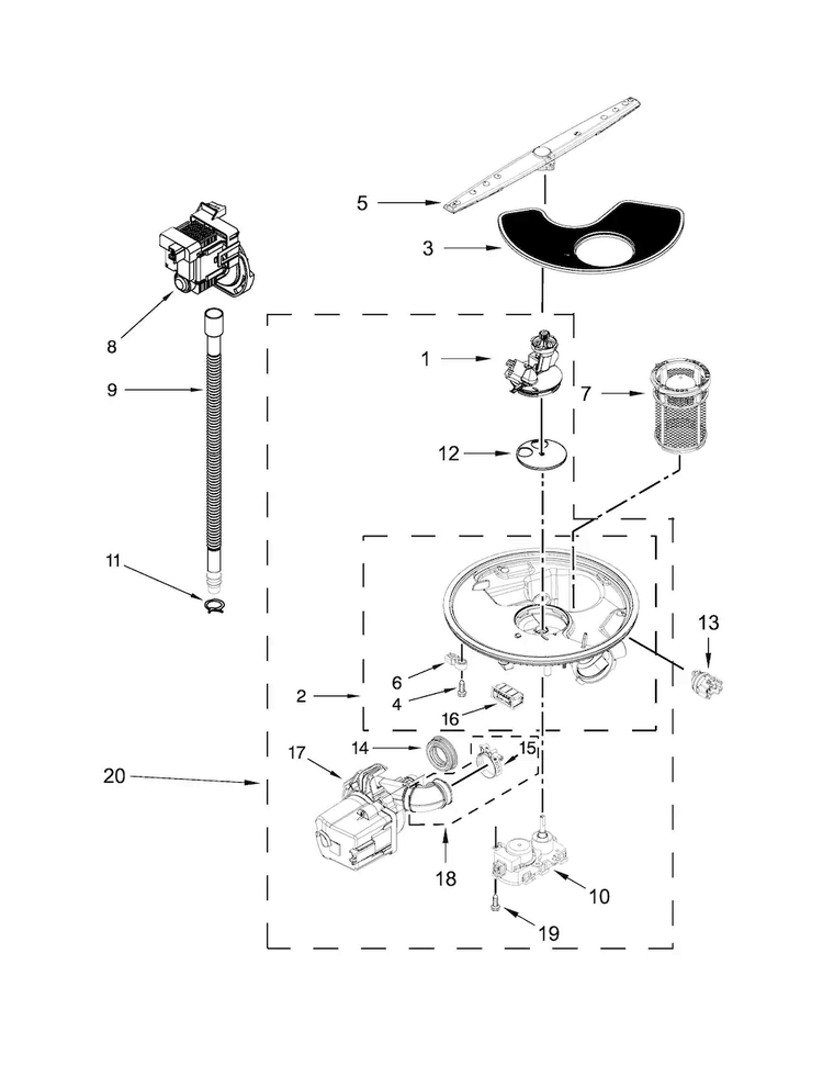Pump, Washarm And Motor Parts Diagram and Parts List for ADB1500ADS3  Amana Dishwasher