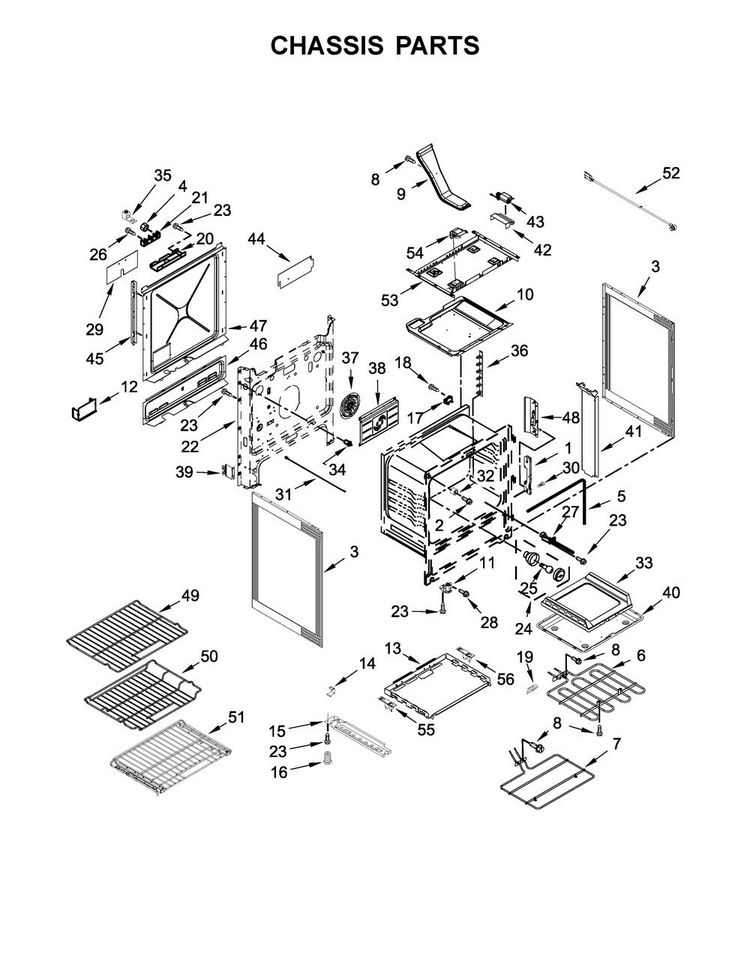 Chassis Parts Diagram and Parts List for JDS1750FP0  Jenn-Air Range