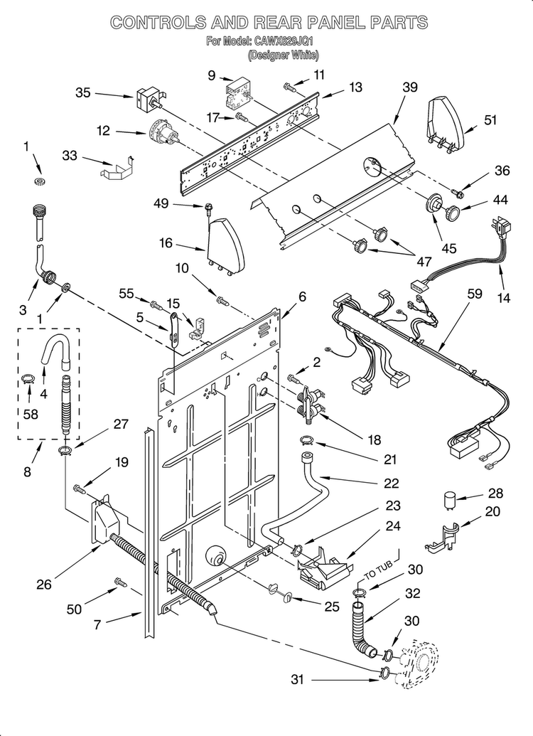 Controls And Rear Panel Diagram and Parts List for CAWX629JQ1  Crosley Washer