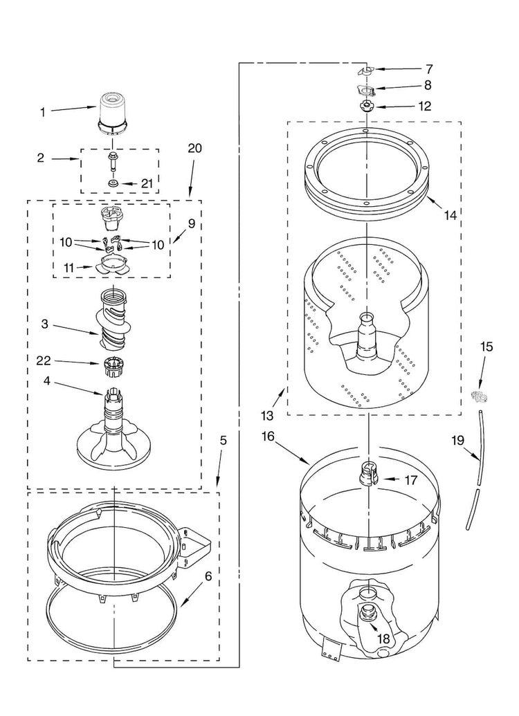 Agitator, Basket And Tub Parts Diagram and Parts List for 7MMTM0340WW0  Maytag Washer