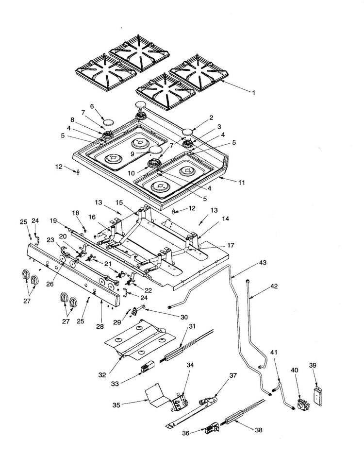 Maintop And Gas Supply Diagram and Parts List for ACF3335AW-PACF3334AW1  Amana Range