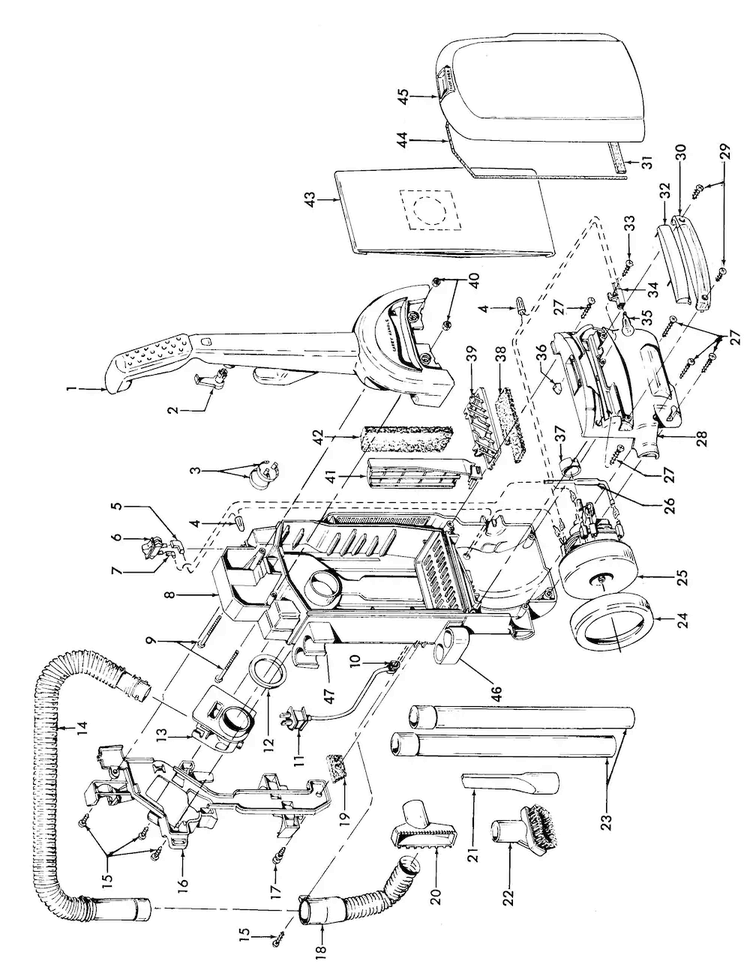 Motor, Cleaningtools, Handle, Outerbag Diagram and Parts List for U5395-900  Hoover Upright Vacuum