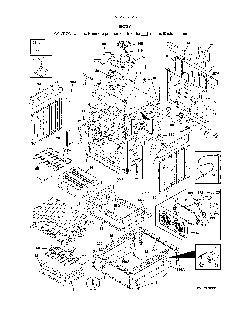 Body Diagram and Parts List for 79042563316  Kenmore Range