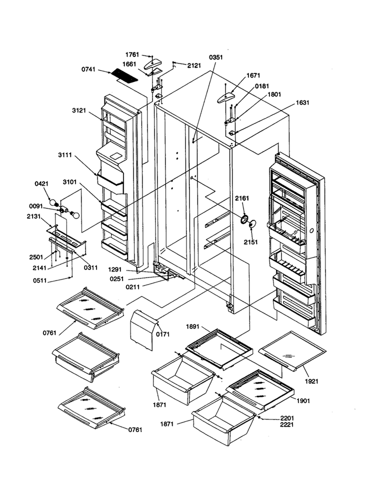 Ref/frz Shelves, Lights, And Hinges Diagram and Parts List for SSD25TE-P1314201WE  Amana Refrigerator