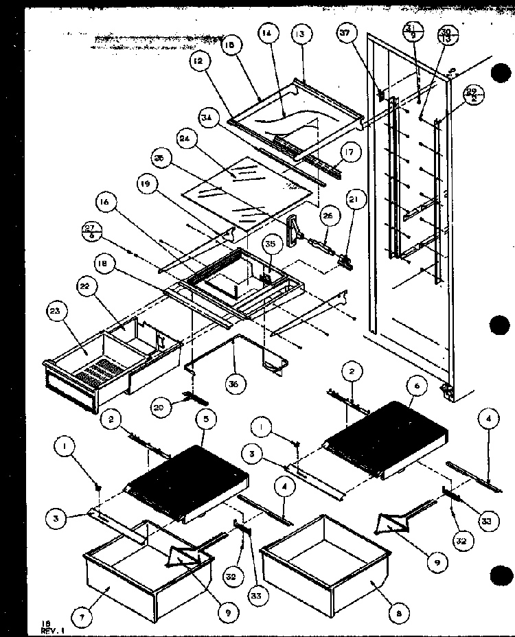 Refrigerator Shelving And Drawers Diagram and Parts List for SXD19MW-P1121402WW  Amana Refrigerator