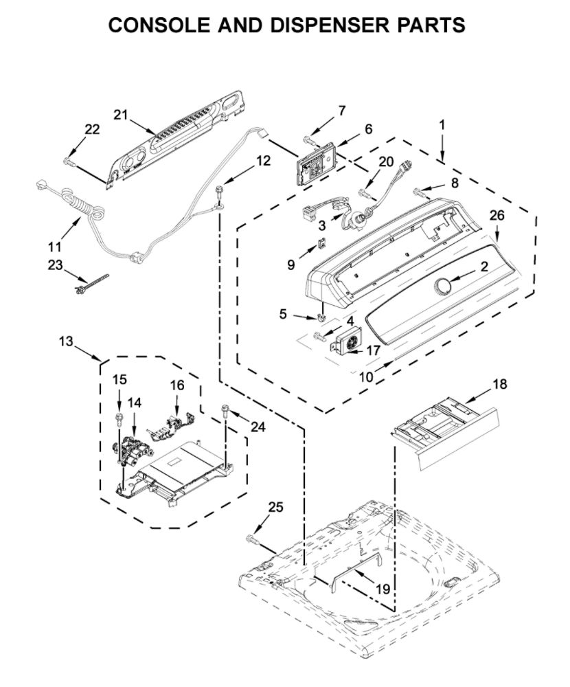 Console And Dispenser Parts Diagram and Parts List for MVWB766FW2  Maytag Washer