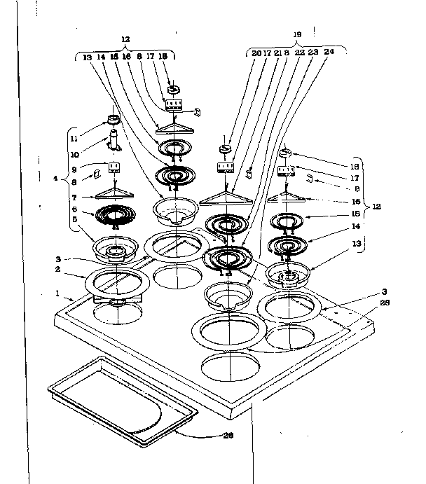 Cook Top Section Diagram and Parts List for 101919582  Kenmore Range