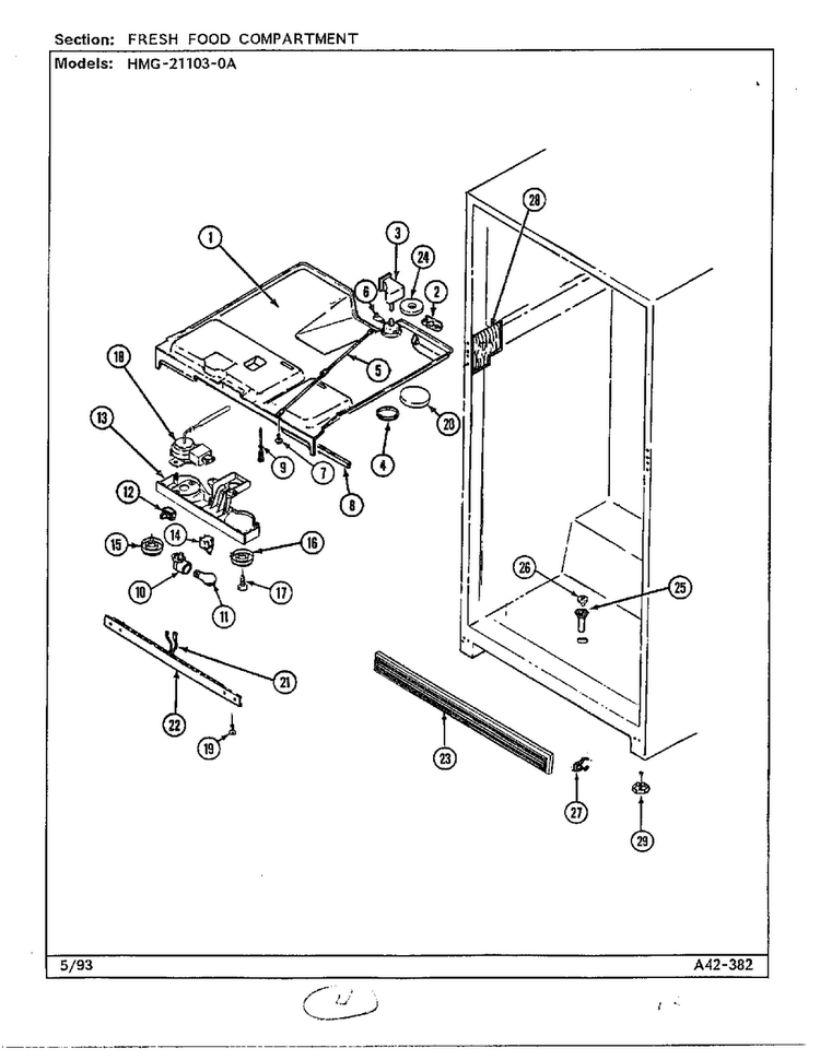Fresh Food Compartment Diagram and Parts List for 21103-0A  Admiral Refrigerator