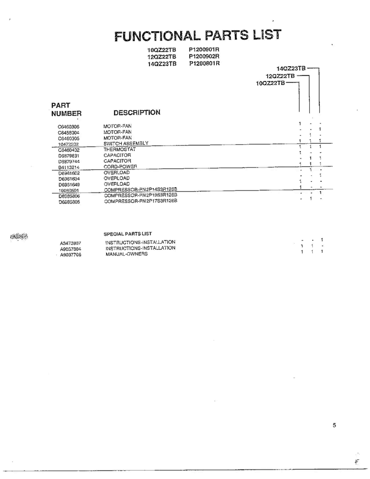 Functional Parts List Diagram and Parts List for P1200801R  Amana Air Conditioner